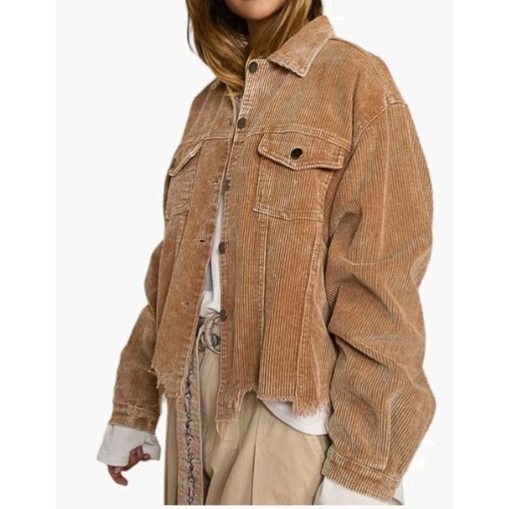 POL Frayed Hem Corduroy Trucker Jacket in Teddy Bear Brown Sz‎ S Boho Country